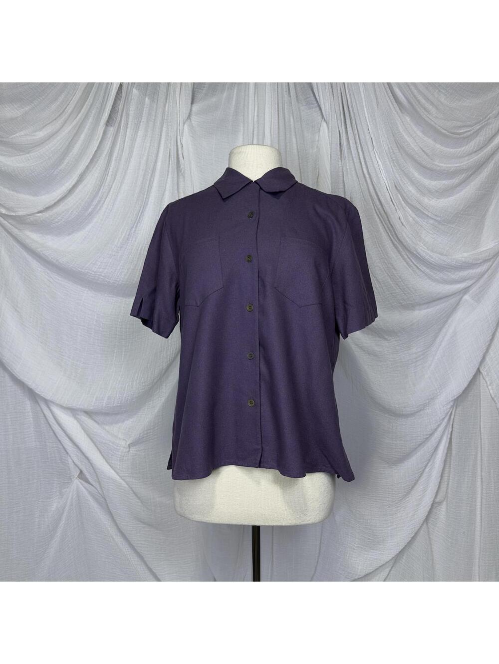 Vintage Casual Minimalist Purple Silk Short Sleeve Button-Up Shirt (L)